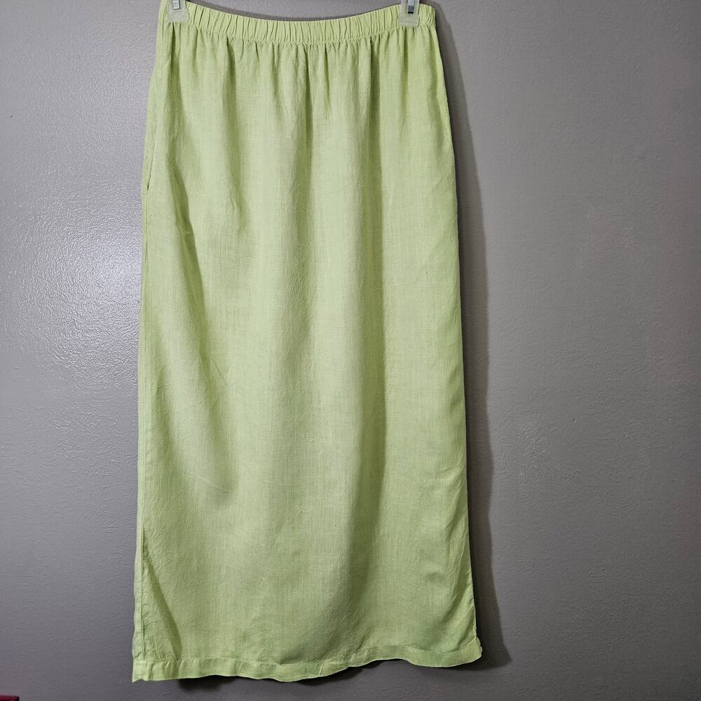 Vintage RussBerens 100% Linen Maxi Skirt M Lime Green Lagenlook 90s Boho Coastal